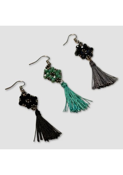 El Yapımı Kristal Boncuk Küpe 3'lü Set - Siyah / Turkuaz / Füme indirimleri
