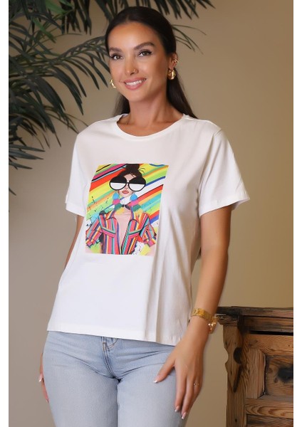 Baskılı Kısa Kollu Ekru Kadın T-Shirt 27421-2Y4