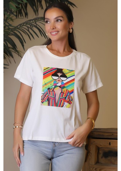 Baskılı Kısa Kollu Ekru Kadın T-Shirt 27421-2Y4