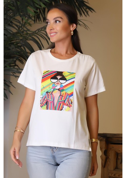 Baskılı Kısa Kollu Ekru Kadın T-Shirt 27421-2Y4