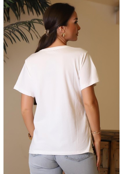 Baskılı Kısa Kollu Ekru Kadın T-Shirt 27421-2Y4