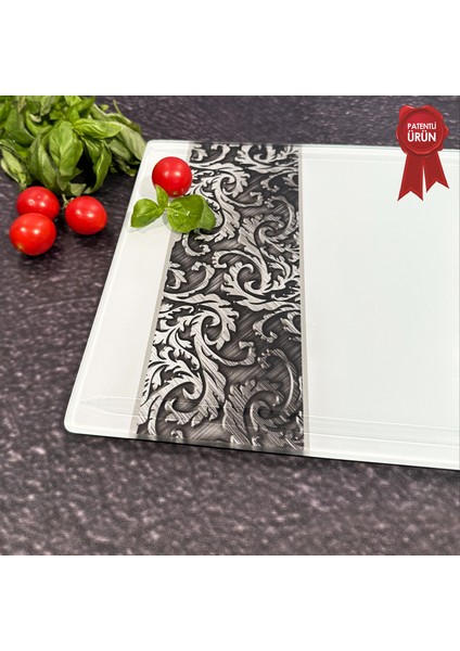 Kanallı Cam Kesme Tahtası - Cam Kesme Tablası | Ornament Beyaz Fon | 25cm x 35cm | Patentli Ürün modelleri