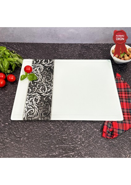 Kanallı Cam Kesme Tahtası - Cam Kesme Tablası | Ornament Beyaz Fon | 25cm x 35cm | Patentli Ürün fırsatları