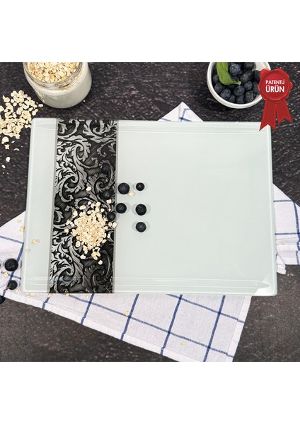 Kanallı Cam Kesme Tahtası - Cam Kesme Tablası | Ornament Beyaz Fon | 25cm x 35cm | Patentli Ürün indirimleri