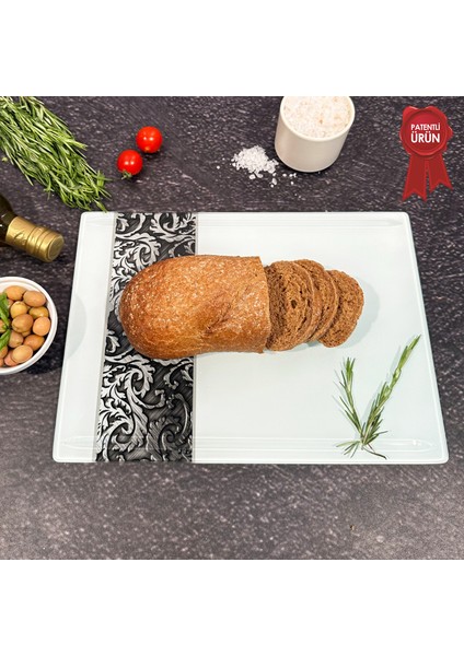 Kanallı Cam Kesme Tahtası - Cam Kesme Tablası | Ornament Beyaz Fon | 25cm x 35cm | Patentli Ürün