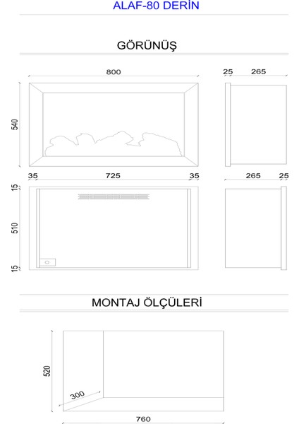 Alaf 80 Derin- Isıtmalı Elektrikli Şömine Sınırsız Renkli Metal Çerçeveli