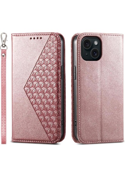 IPhone 15 Için Flip Case Standı Eşkenar Dörtgen Şekli Cüzdan El Kayışı Günlük Kullanım (Yurt Dışından)