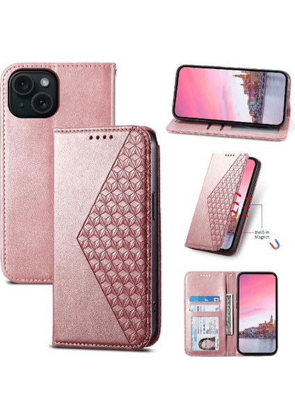 IPhone 15 Için Flip Case Standı Eşkenar Dörtgen Şekli Cüzdan El Kayışı Günlük Kullanım (Yurt Dışından) indirimleri