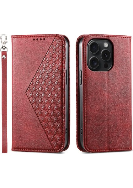 IPhone 15 Için Flip Case Pro El Kayışı Günlük Kullanım Eşkenar Dörtgen Şekli Standı Cüzdan (Yurt Dışından)