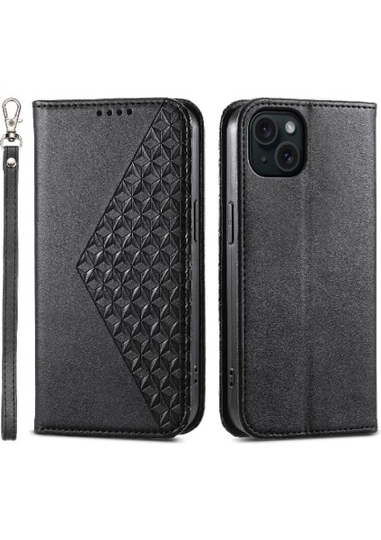 IPhone 15 Için Flip Case Artı El Kayışı Eşkenar Dörtgen Şekli Standı Cüzdan Günlük (Yurt Dışından)