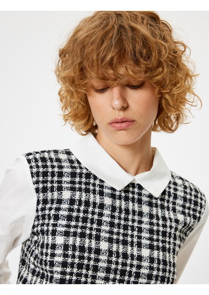 Crop Bluz Gömlek Yaka Uzun Kollu Tüvit Kumaş Detaylı Slim Fit