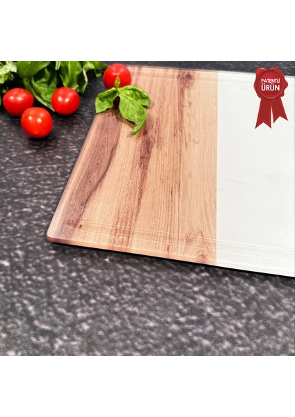 Kanallı Cam Kesme Tahtası - Cam Kesme Tablası | Kenarı Ahşap Desenli - Kenarı Oval | 25cm x 35cm | Patentli Ürün fırsatları