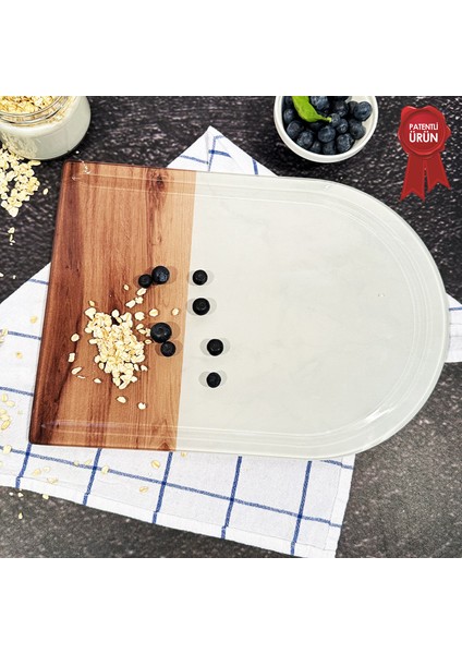 Kanallı Cam Kesme Tahtası - Cam Kesme Tablası | Kenarı Ahşap Desenli - Kenarı Oval | 25cm x 35cm | Patentli Ürün