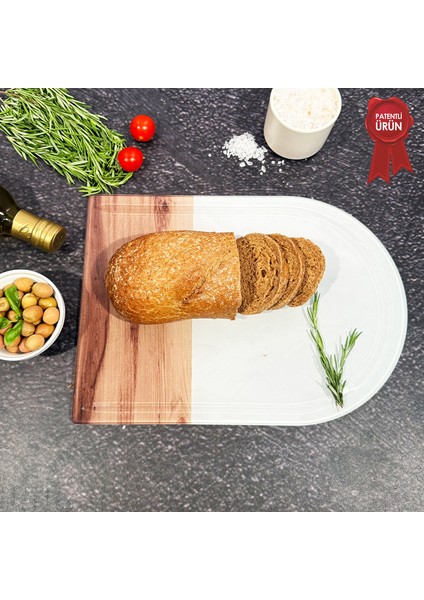 Kanallı Cam Kesme Tahtası - Cam Kesme Tablası | Kenarı Ahşap Desenli - Kenarı Oval | 25cm x 35cm | Patentli Ürün indirimleri