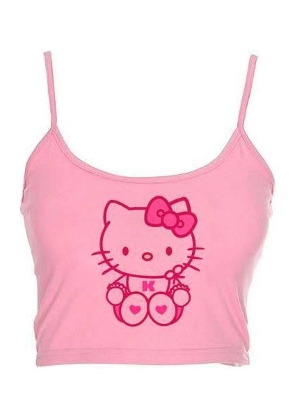 Pembe Hello Kitty Baskılı Askılı Çocuk Crop