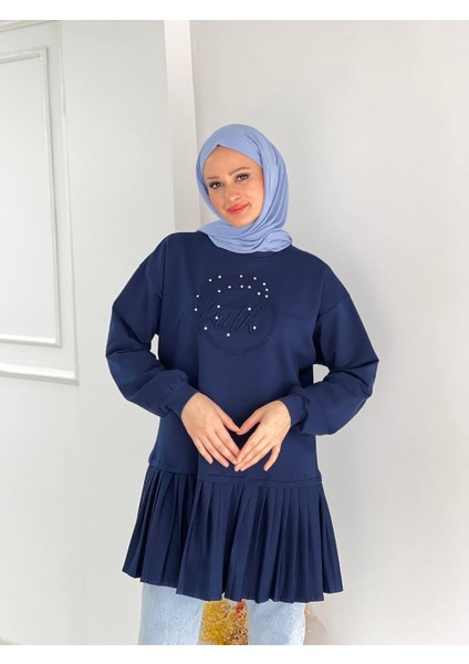 Lacivert Pliseli Swetshirt