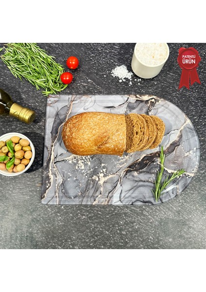 Kanallı Cam Kesme Tahtası - Cam Kesme Tablası | Gri Gold Mermer - Kenarı Oval | 25cm x 35cm | Patentli Ürün modelleri