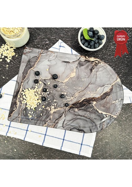 Kanallı Cam Kesme Tahtası - Cam Kesme Tablası | Gri Gold Mermer - Kenarı Oval | 25cm x 35cm | Patentli Ürün