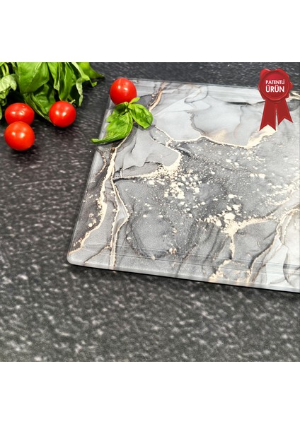 Kanallı Cam Kesme Tahtası - Cam Kesme Tablası | Gri Gold Mermer - Kenarı Oval | 25cm x 35cm | Patentli Ürün indirimleri