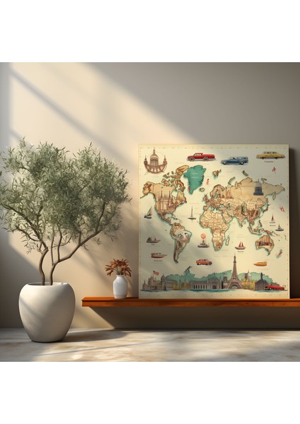 Dünya Haritası - Vintage Seyahat Retro Kanvas Tablo - Dünya Haritası, Duvar Sanatı, Seyahat, Duvar Dekorasyonu, 30 x 30 cm modelleri
