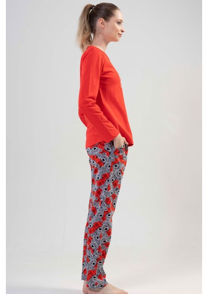 Kadın Kırmızı Uzun Kollu Yuvarlak Yaka Oval Etek Pamuklu Pijama Takımı Tam Kalıp modelleri