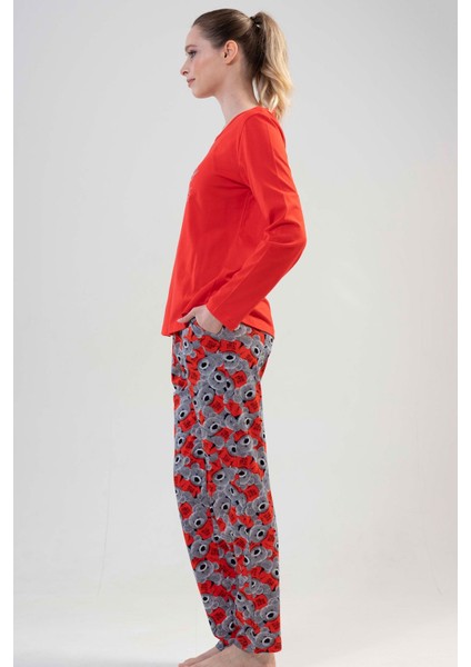 Kadın Kırmızı Uzun Kollu Yuvarlak Yaka Oval Etek Pamuklu Pijama Takımı Tam Kalıp fırsatları