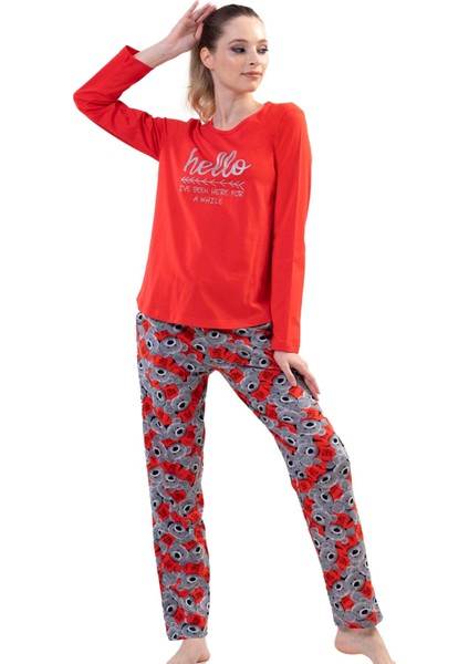 Kadın Kırmızı Uzun Kollu Yuvarlak Yaka Oval Etek Pamuklu Pijama Takımı Tam Kalıp