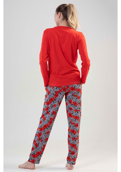 Kadın Kırmızı Uzun Kollu Yuvarlak Yaka Oval Etek Pamuklu Pijama Takımı Tam Kalıp indirimleri