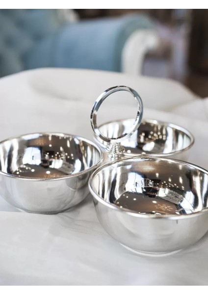 Gümüş Kaplama Çerezlik 3 Hazneli Halka Detaylı