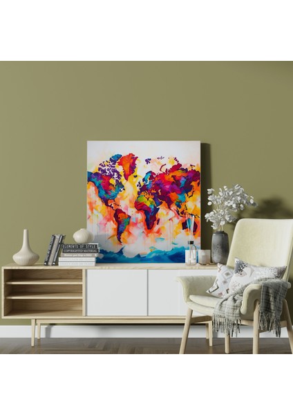 Dünya Haritası - Renkli Çağdaş Sanat Kanvas Tablo - Dünya Haritası, Çağdaş Sanat, Duvar Sanatı, Kalın Tonlar, 30X30