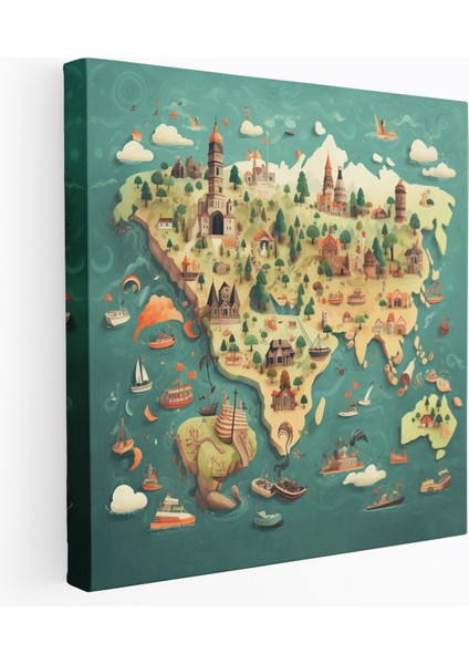 Dünya Haritası - Resimli Kaprisli Kanvas Tablo - Dünya Haritası, Kanvas Tablo, Kaprisli Tarz, Duvar Sanatı, 30 x 30 cm