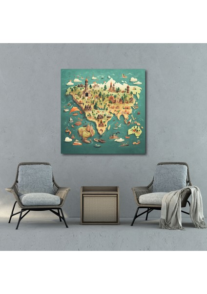 Dünya Haritası - Resimli Kaprisli Kanvas Tablo - Dünya Haritası, Kanvas Tablo, Kaprisli Tarz, Duvar Sanatı, 30 x 30 cm fiyatları
