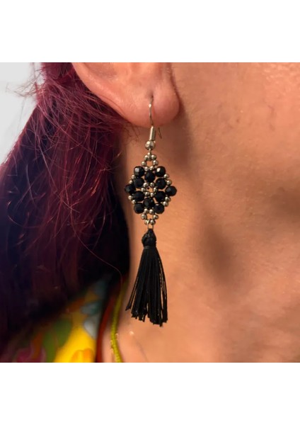 El Yapımı Kristal Boncuk Küpe 2'li Set - Siyah