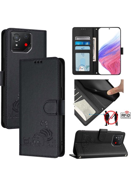 Asus Rog Phone 8 Için Kedi Sıçan Kabartmalı Rfıd Pu Kılıf (Yurt Dışından)