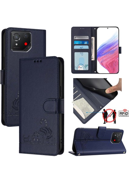 Asus Rog Phone 8 Için Kedi Sıçan Kabartmalı Rfıd Pu Kılıf (Yurt Dışından)