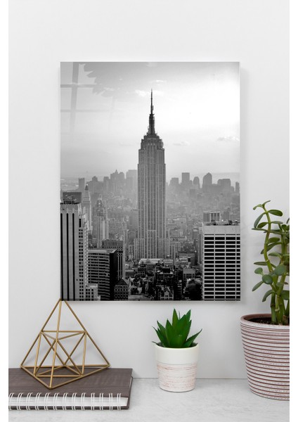 Empire State Binası Siyah Beyaz Cam Tablo | Hediyelik, Dekoratif, Ofis, Mutfak