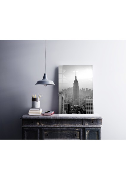 Empire State Binası Siyah Beyaz Cam Tablo | Hediyelik, Dekoratif, Ofis, Mutfak