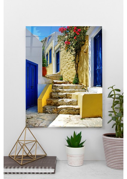 Eski Yunan Sokakları, Santorini Cam Tablo | Hediyelik, Dekoratif, Ofis, Mutfak