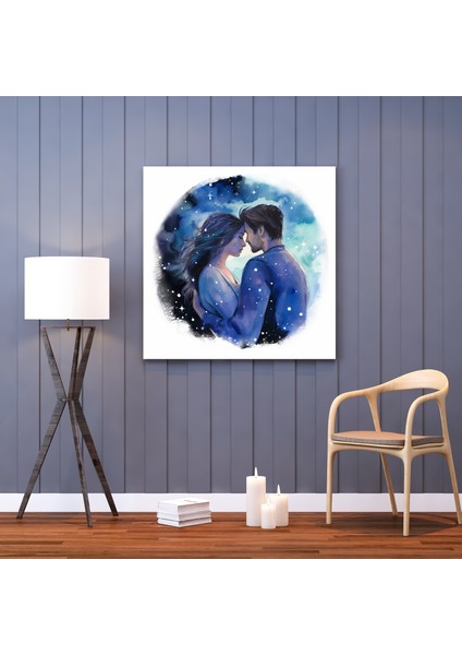 Yıldızlı Gece Öpücüğü Romantik Suluboya Kanvas Tablo, 30 x 30 cm