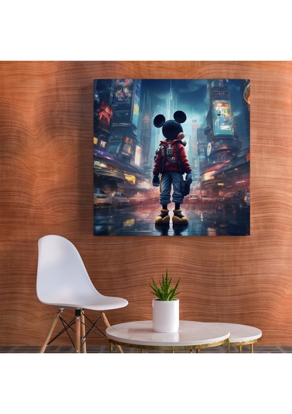 Fütüristik Mickey Mouse Şehir Kanvas Tablo, 30 x 30 cm