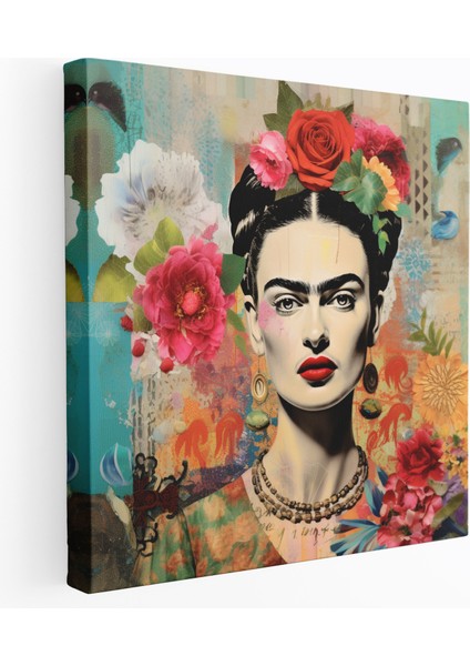 Frida Kahlo Mozaik Kanvas Tablo - Frida Kahlo, Desenli Öğeler, Kolaj Tarzı Mozaik, Duvar Dekorasyonu, 30 x 30 cm