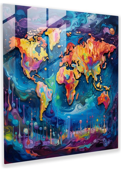 Dünya Haritası Cam Baskı - Soyut Akrilik Tablo - Dünya Haritası, Cam Duvar Sanatı, Canlı Renkler, Duvar Dekorasyonu, 30 x 30 cm