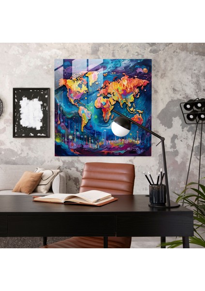 Dünya Haritası Cam Baskı - Soyut Akrilik Tablo - Dünya Haritası, Cam Duvar Sanatı, Canlı Renkler, Duvar Dekorasyonu, 30 x 30 cm fiyatları