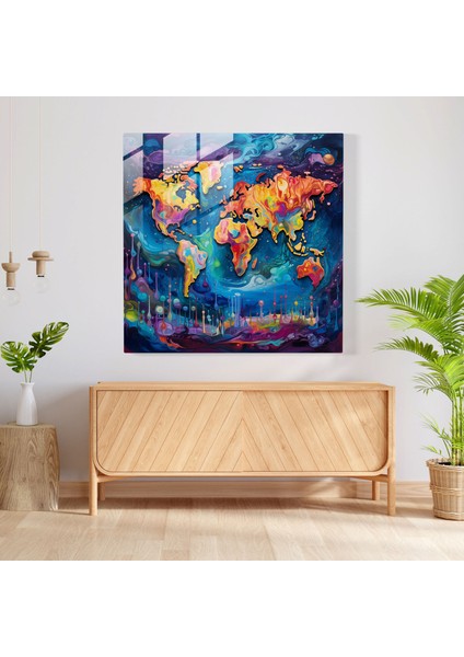Dünya Haritası Cam Baskı - Soyut Akrilik Tablo - Dünya Haritası, Cam Duvar Sanatı, Canlı Renkler, Duvar Dekorasyonu, 30 x 30 cm modelleri