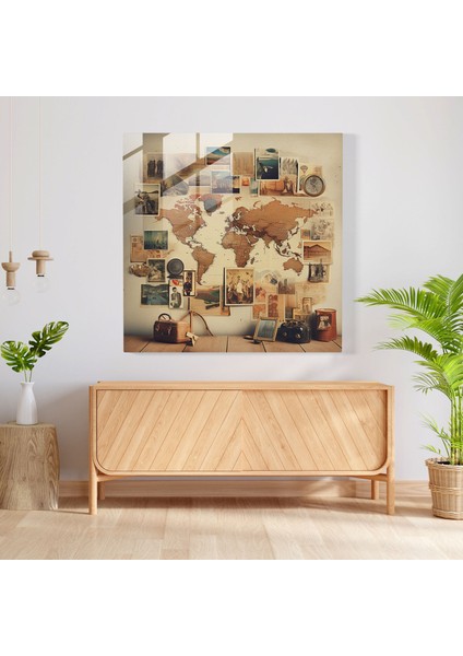 Dünya Haritası Cam Baskı - Kolaj Vintage ve Modern Tasarım - Dünya Haritası, Duvar Dekorasyonu, Vintage Fotoğraflar, Cam Duvar Sanatı, 30 x 30 cm fiyatları