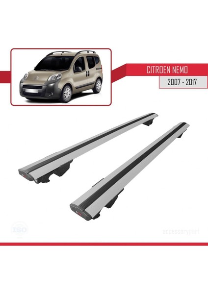 Citroen Nemo 2007-2017 Arası ile Uyumlu Hook Model Anahtar Kilitli Ara Atkı Tavan Barı Gri