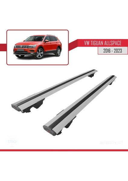 Vw Tiguan Allspace 2016-2023 Arası ile Uyumlu Hook Model Anahtar Kilitli Ara Atkı Tavan Barı Gri