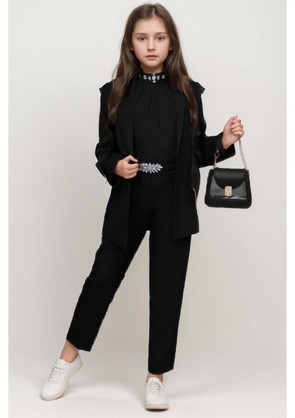 Kız Çocuk Yakası Taş Işlemeli Kolsuz Bluz Kemerli Blazer Ceket Pantolon Black Alt Üst Takım