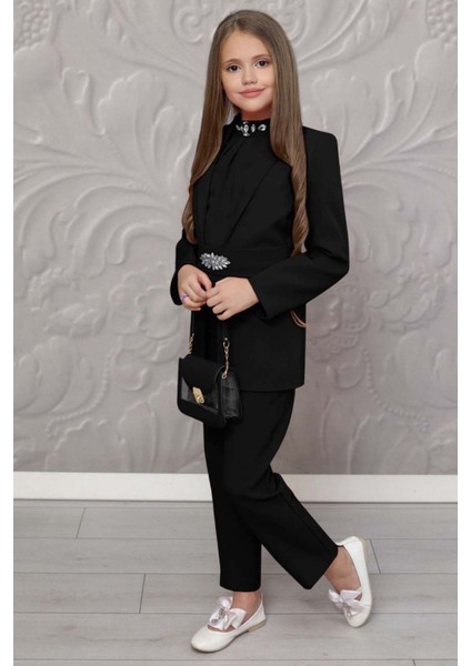 Kız Çocuk Yakası Taş Işlemeli Kolsuz Bluz Kemerli Blazer Ceket Pantolon Black Alt Üst Takım