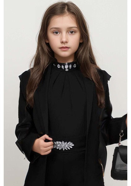 Kız Çocuk Yakası Taş Işlemeli Kolsuz Bluz Kemerli Blazer Ceket Pantolon Black Alt Üst Takım